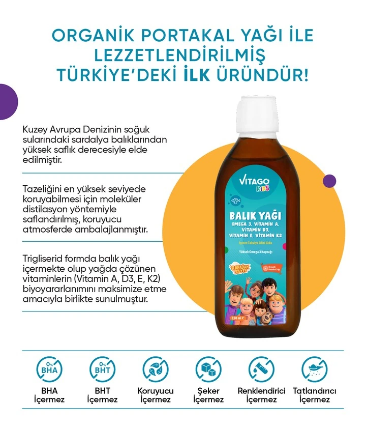 Vitago Kids Rafadan Tayfa Balık Yağı Omega 3 Vitamin A D3 E K2 Içeren 150 ml Şurup