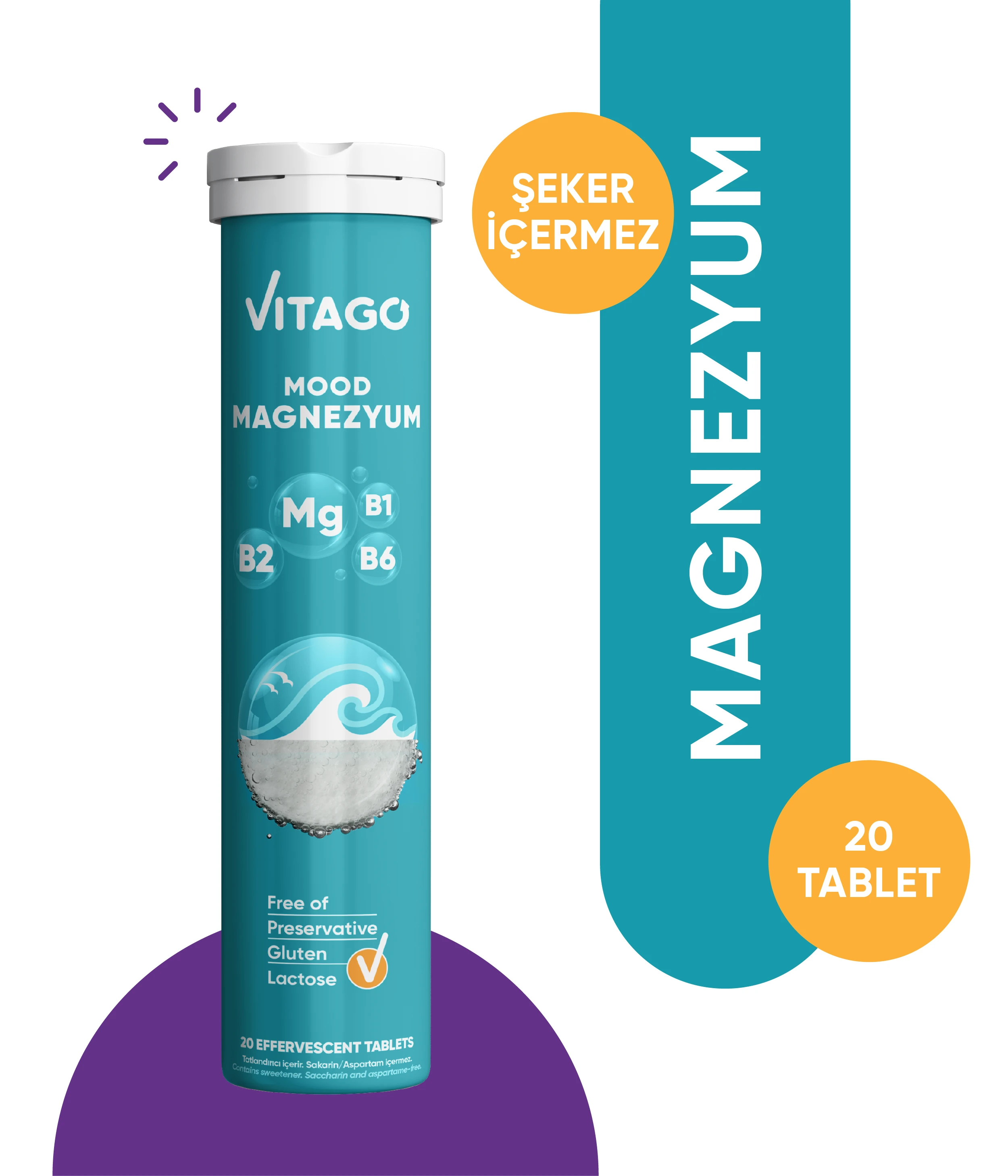 Vitago 20'li Mood Magnezyum , Vitamin B1, Vitamin B2 ve Vitamin B6 İçeren Efervesan Tablet Takviye Edici Gıda