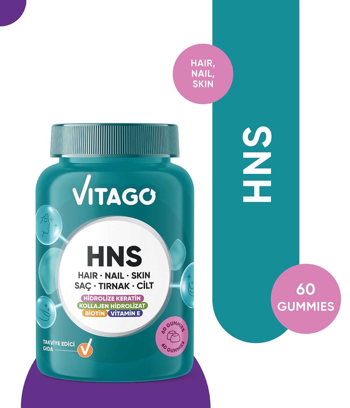 Vitago HNS Hair Nail Skin Biotin, Folik Asit, Vitamin E ve Hidrolize Keratin İçeren 60 Adet Çiğnenebilir(Gummies) Form Takviye Edici Gıda