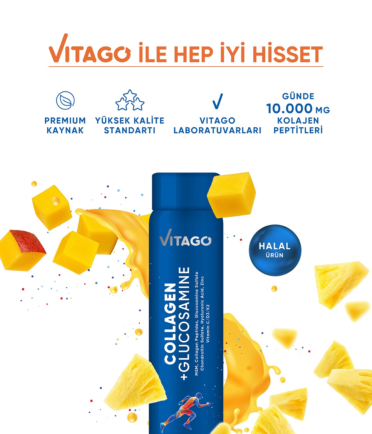 Vitago Kolajen 1-2-3, Glukozamin, MSM, Kondroitin ve Hyaluronik Asit İçeren Sıvı Takviye Edici Gıda 30x40 ml Shots