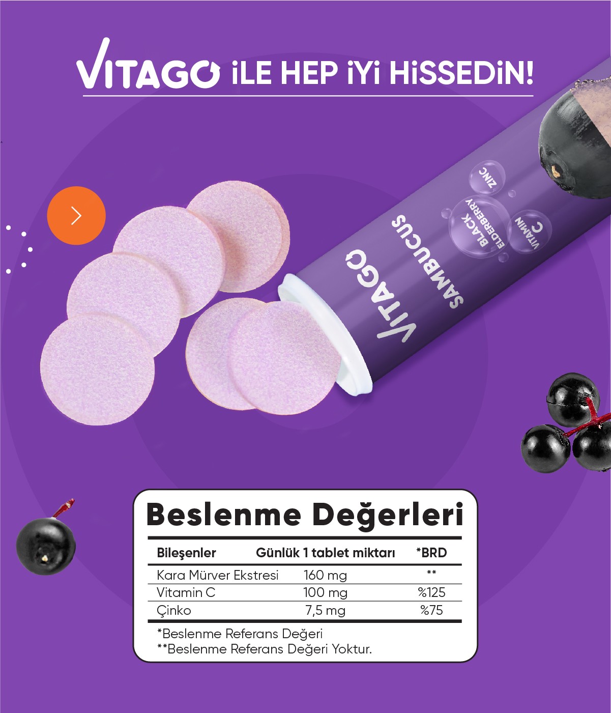 Vitago Karamürver, Vitamin C, Çinko İçeren Efervesan Takviye Edici Gıda