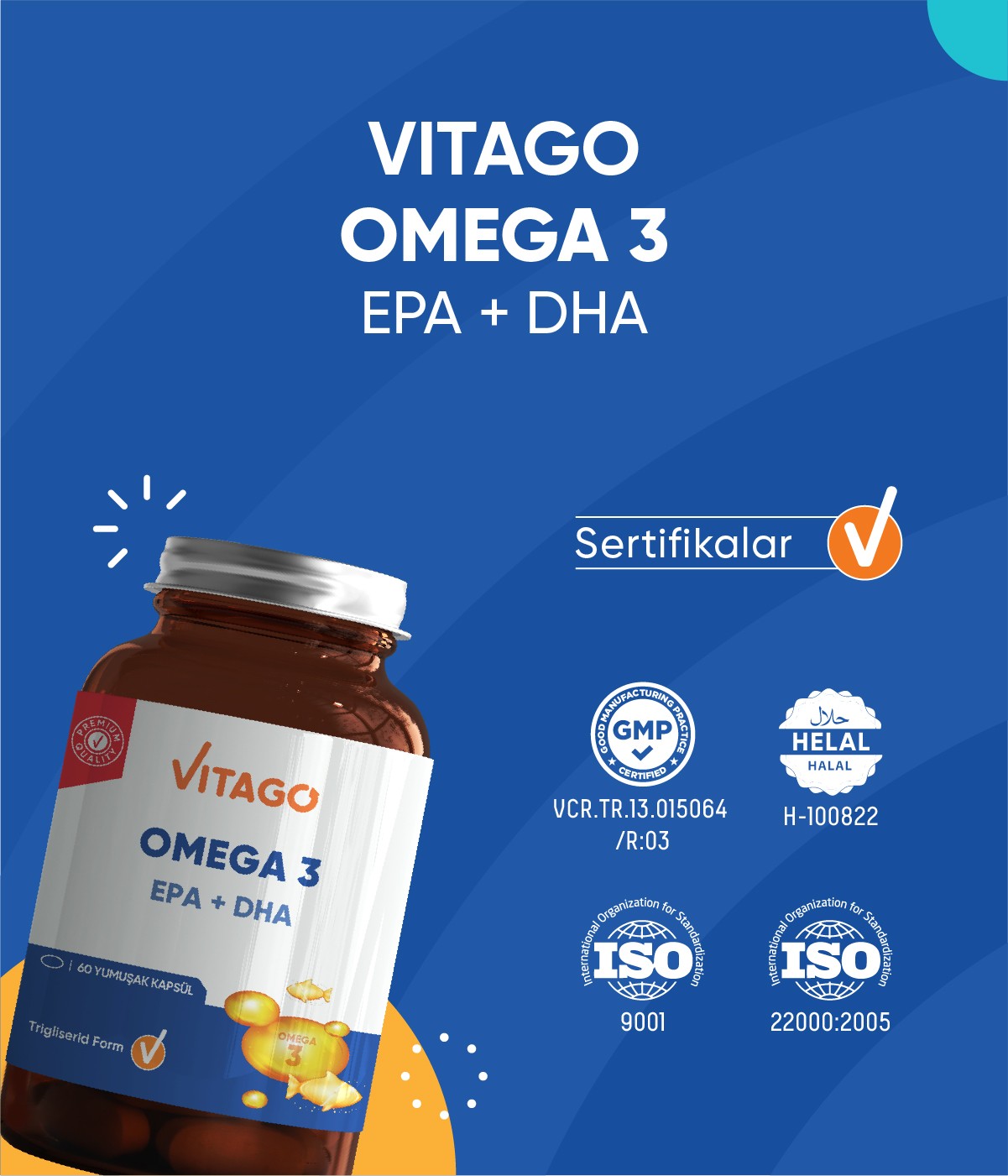 Vitago Premium Omega 3 İçeren Softjel Takviye Edici Gıda 60'lı