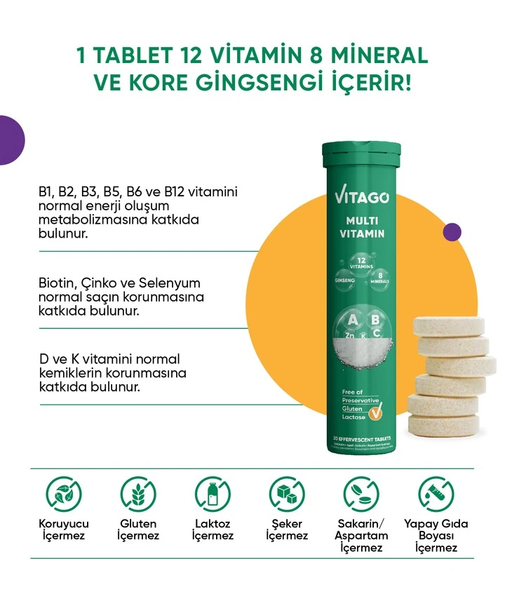 Vitago 20'li ProMultivit Multivitamin, Multimineral Efervesan Tablet Takviye Edici Gıda