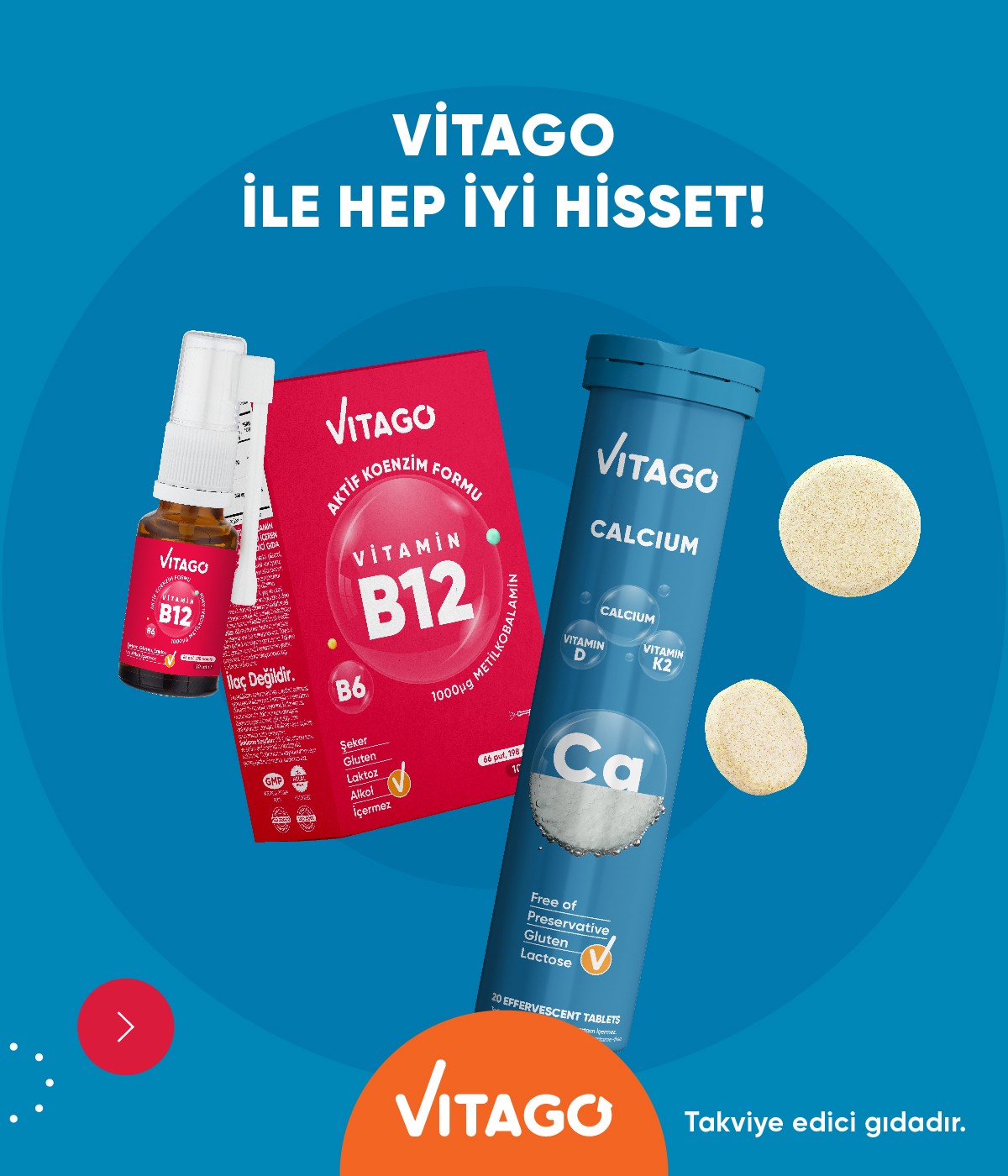 2’li Paket - Vitago B12 10 ml Sprey + Vitago ProKalsiyum 20 Efervesan Tablet