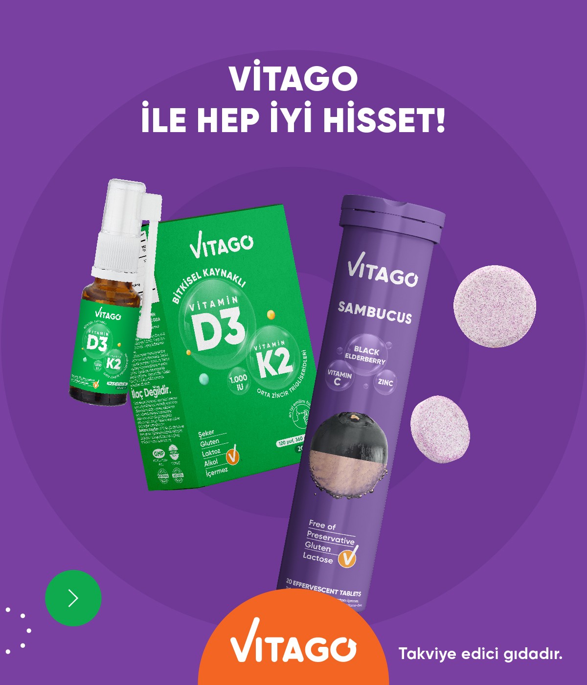 2’li Paket - Vitago ProVitamin D3, Vitamin K2, 20ml Sprey + Vitago Sambucus 20 Efervesan Tablet