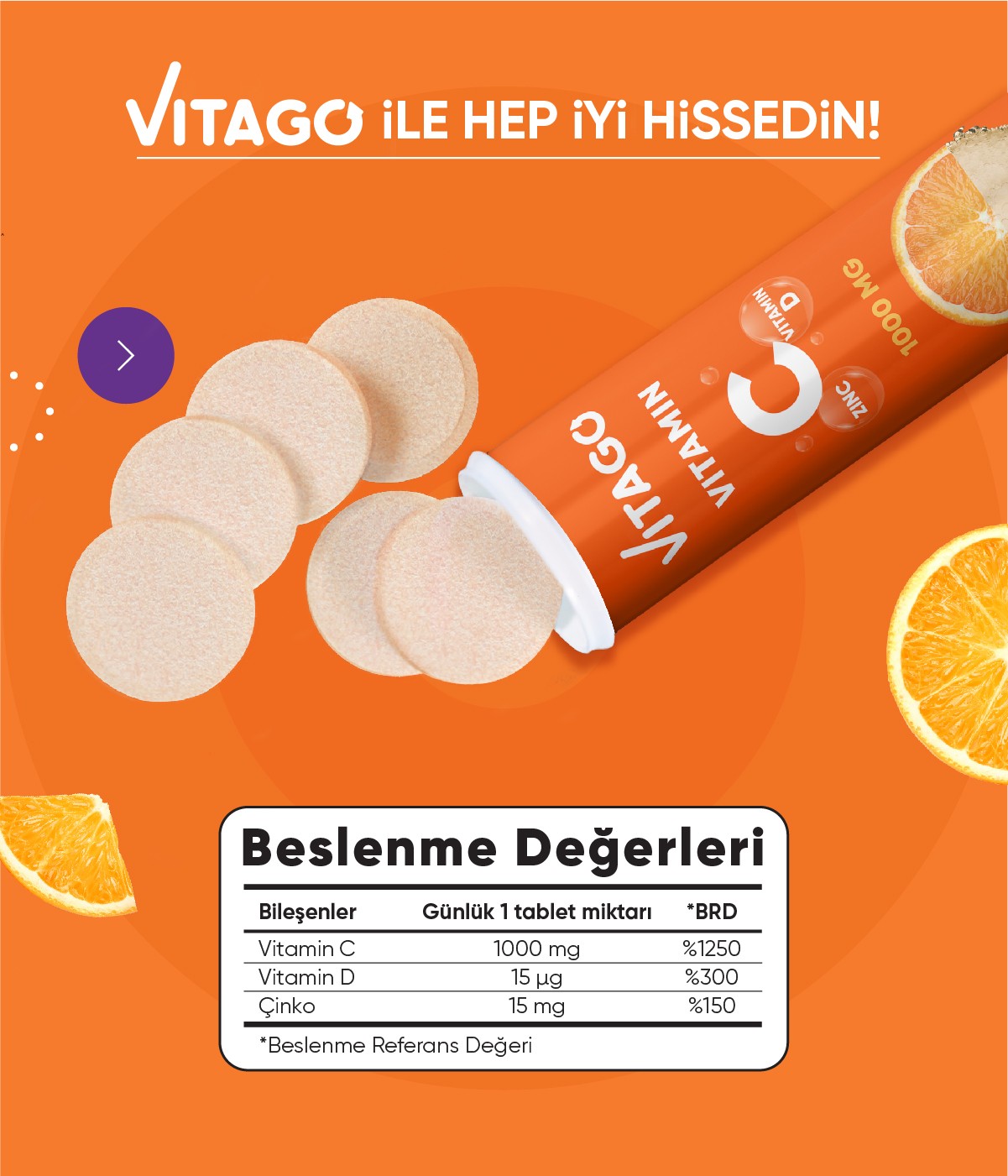 Vitago 20'li Vitamin C, Vitamin D, Çinko İçeren Efervesan Tablet Takviye Edici Gıda