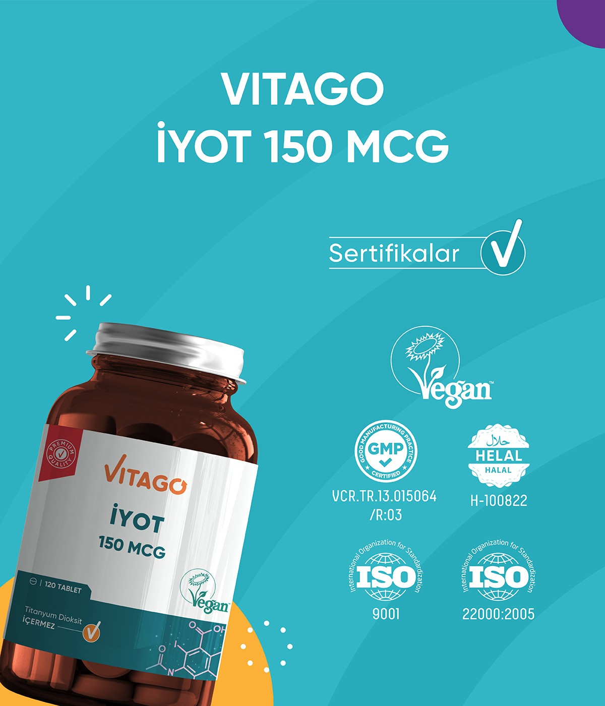 Vitago Premium İyot 150 MCG İçeren Tablet Takviye Edici Gıda 120'li