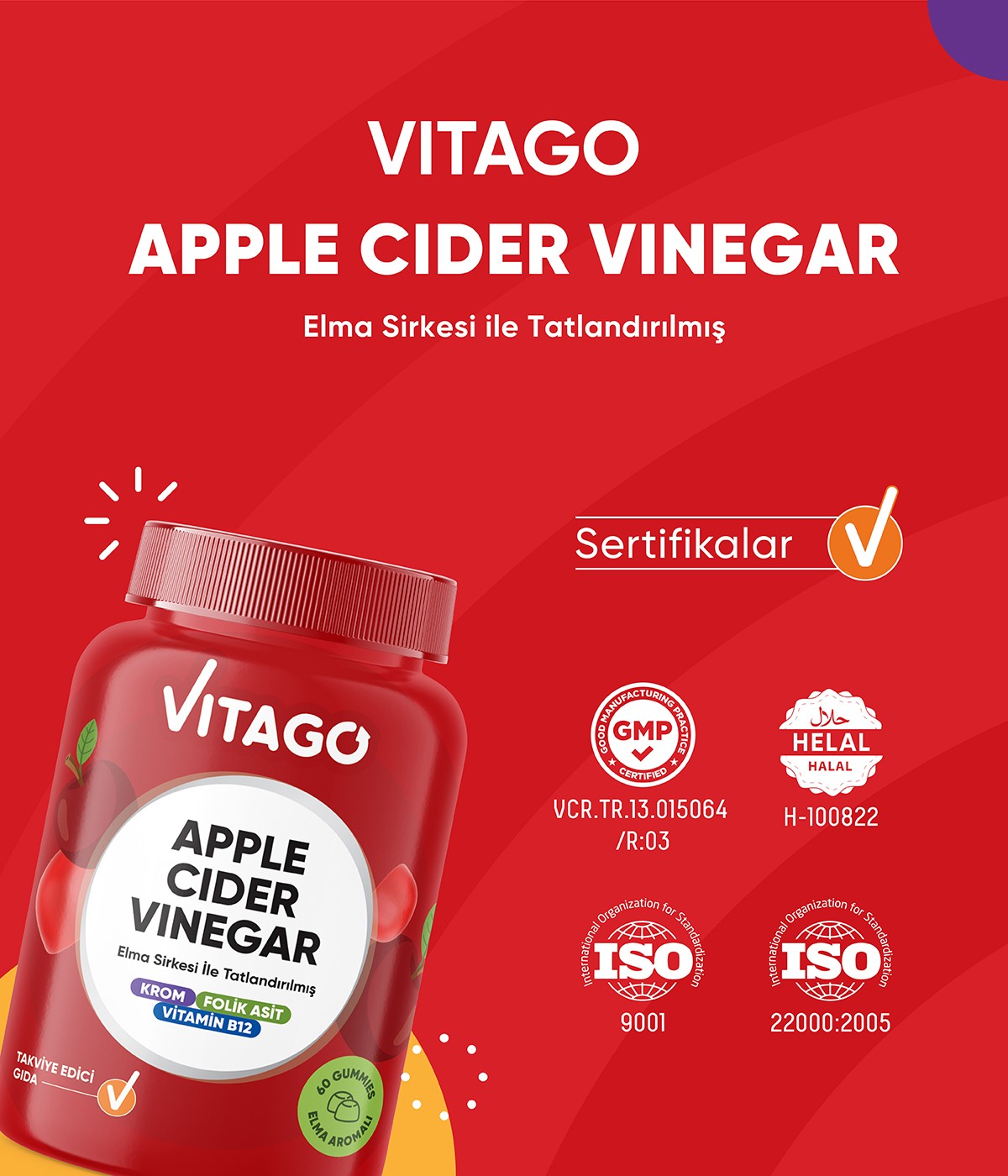 Vitago Apple Cider Vinegar Elma Sirkesi İle Tatlandırılmış Krom, B12 Vitamini ve Folik Asit İçeren 60 Adet Çiğnenebilir (Gummies) Form Takviye Edici Gıda