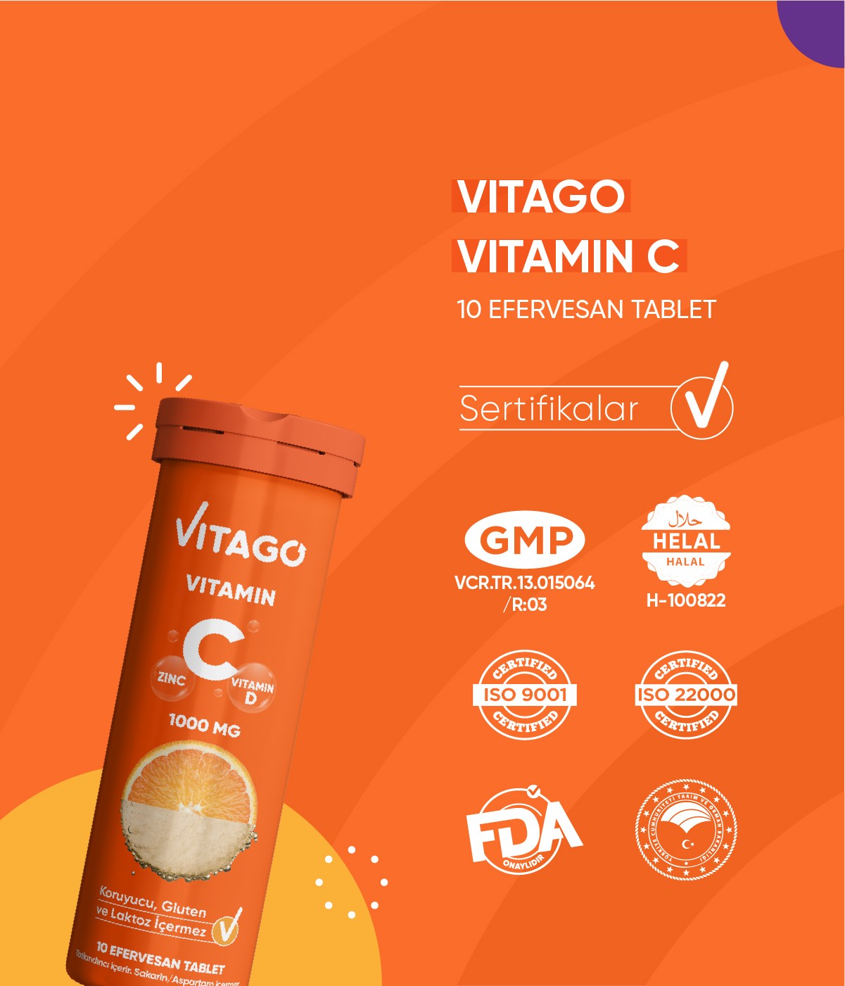 Vitago 10'lu Vitamin C, Vitamin D, Çinko İçeren Efervesan Tablet Takviye Edici Gıda