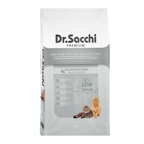 Dr. Sacchi Premium Somonlu ve Ton Balıklı Düşük Tahıllı Kısırlaştırılmış Kedi Maması 10 kg