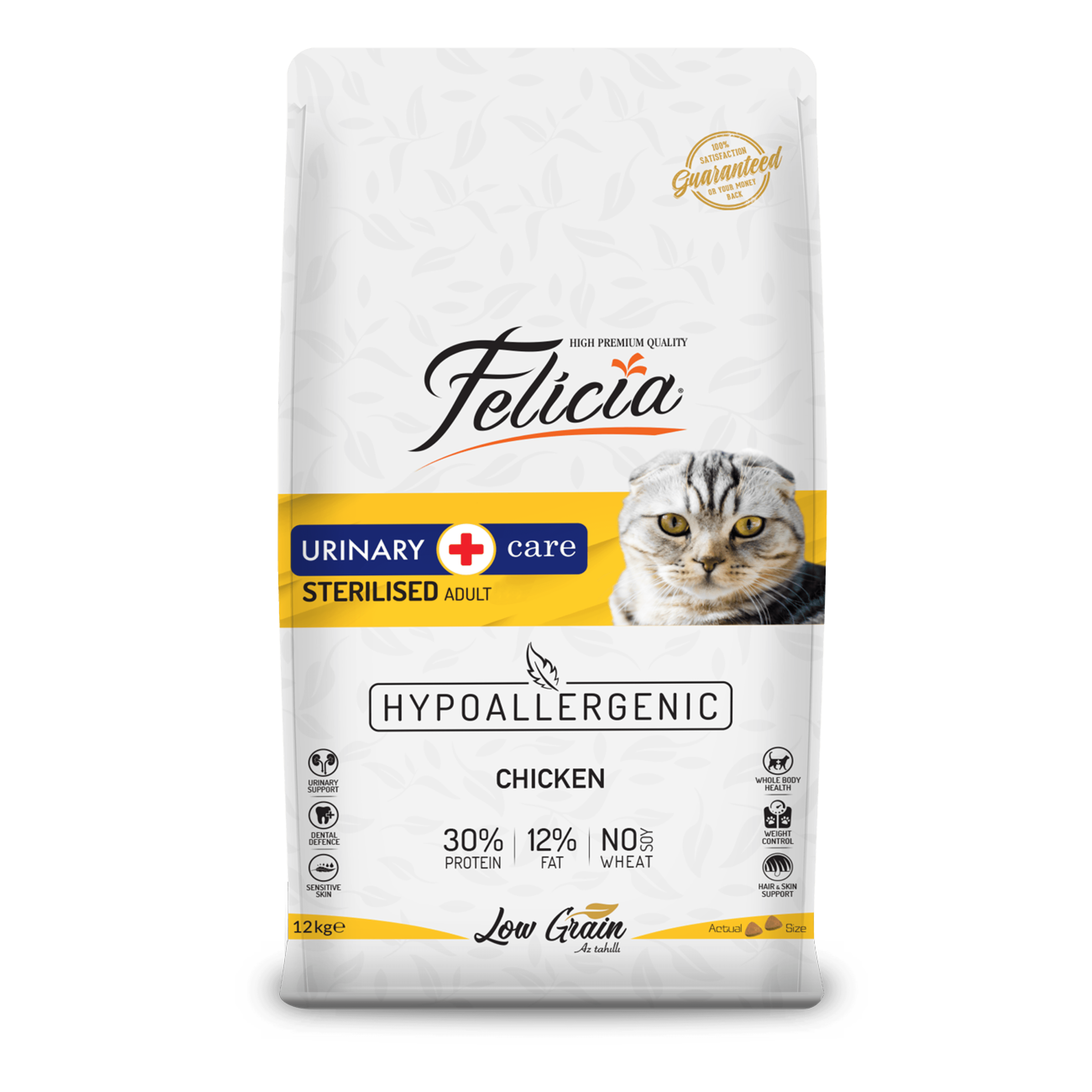 Felicia Hypo-Allergenic Üriner Sağlığı için Tavuklu Düşük Tahıllı Kısırlaştırılmış Kedi Maması 12 kg