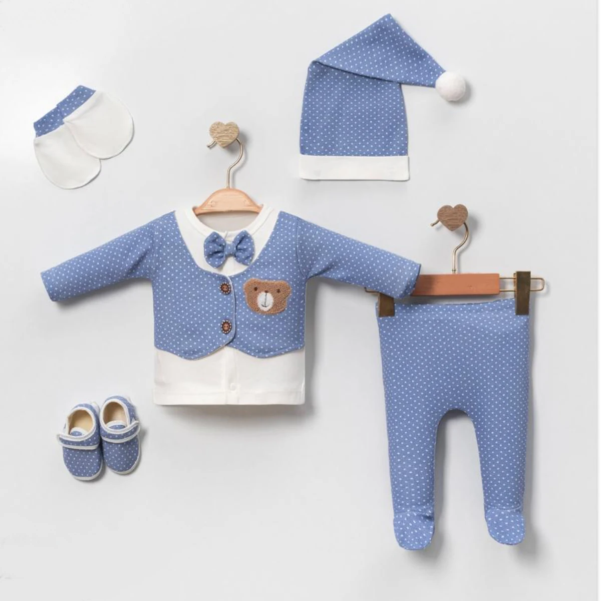 Oeko-Tex Sertifikalı Ayakkabılı (Patikli) 5'lı Uykusu Erkek Bebek Hastane Çıkışı Seti - Mavi