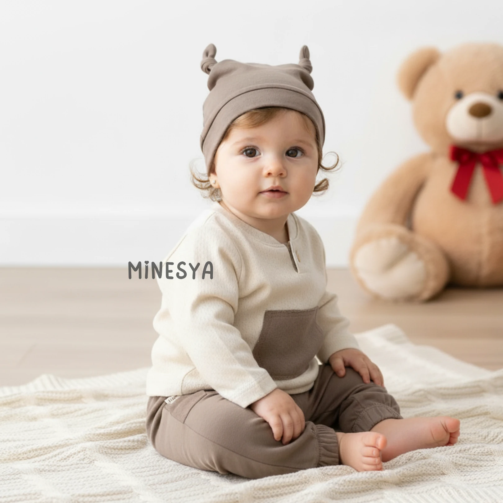 Taupe & Cream Erkek Bebek Premium Pamuklu 3’lü Erkek Bebek Takım