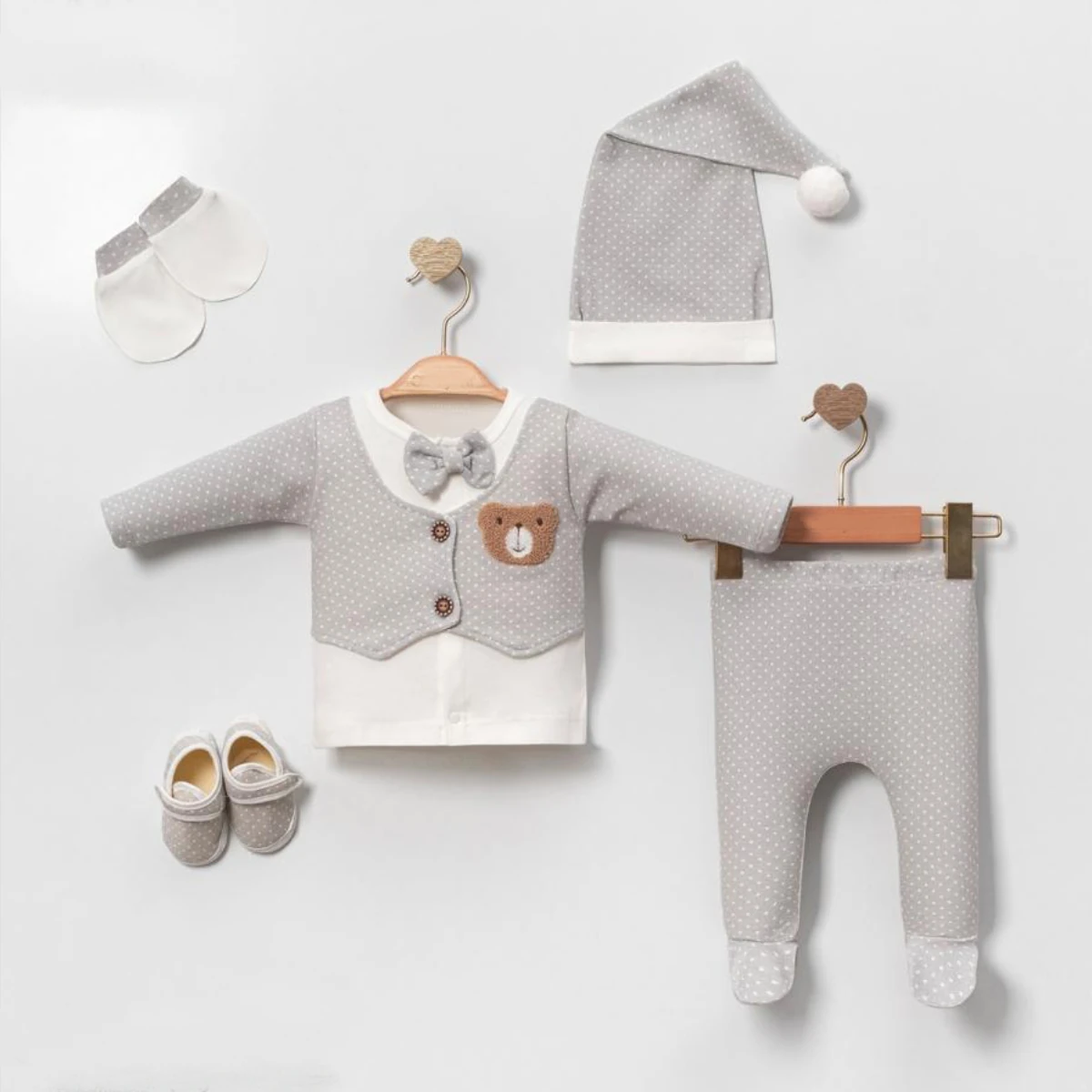 Oeko-Tex Sertifikalı Ayakkabılı (Patikli) 5'lı Uykusu Erkek Bebek Hastane Çıkışı Seti - Gri