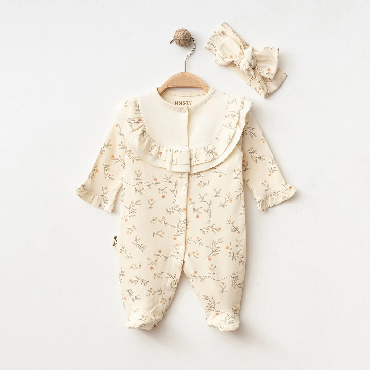 Pamuklu Fırfırlı Yaka Dal Desenli Kız Bebek Tulum ve Bandana Seti