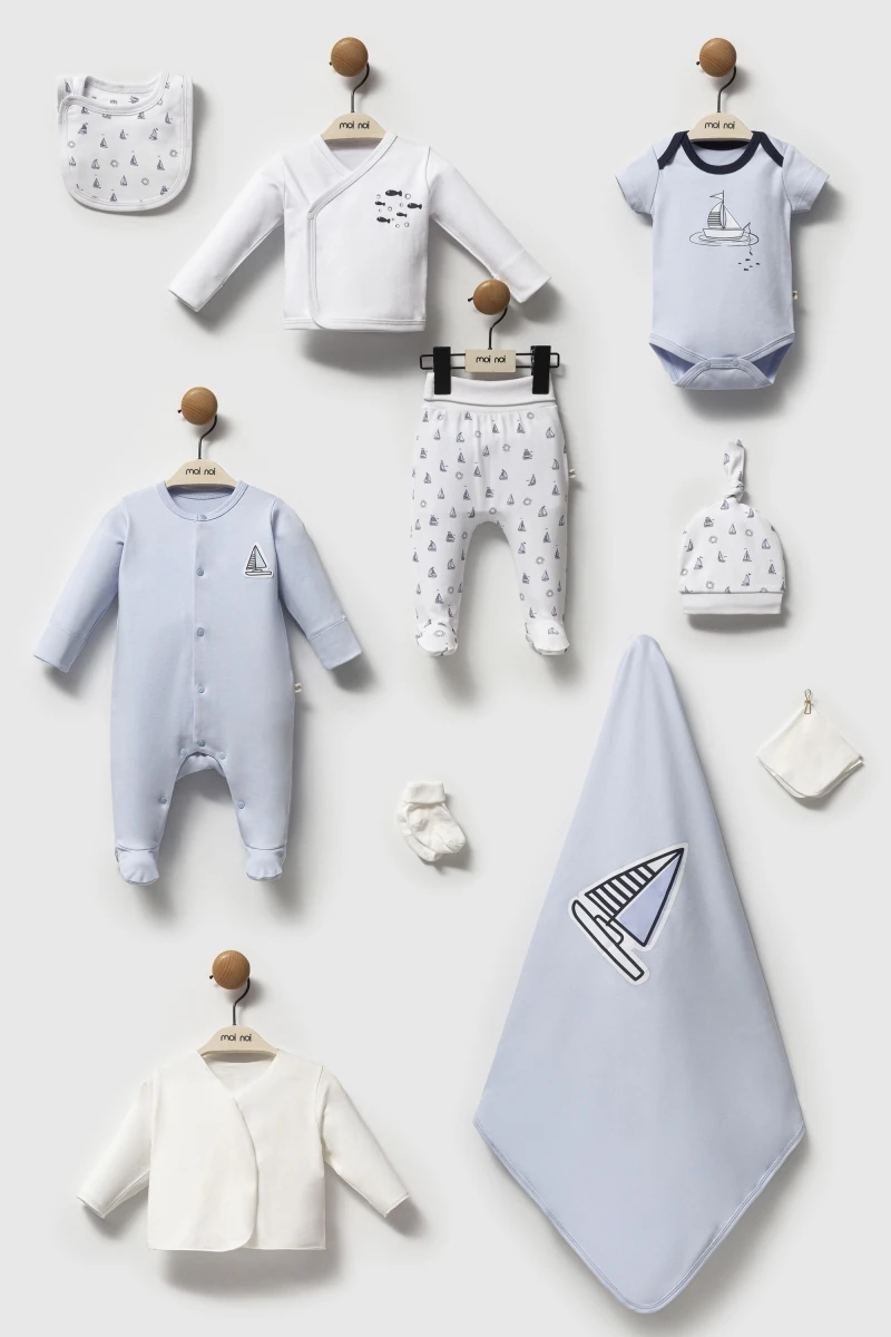 Oeko-Tex Sertifikalı Captain 10’lu Kendinden Eldivenli Erkek Bebek Yenidoğan Hastane Çıkışı Seti