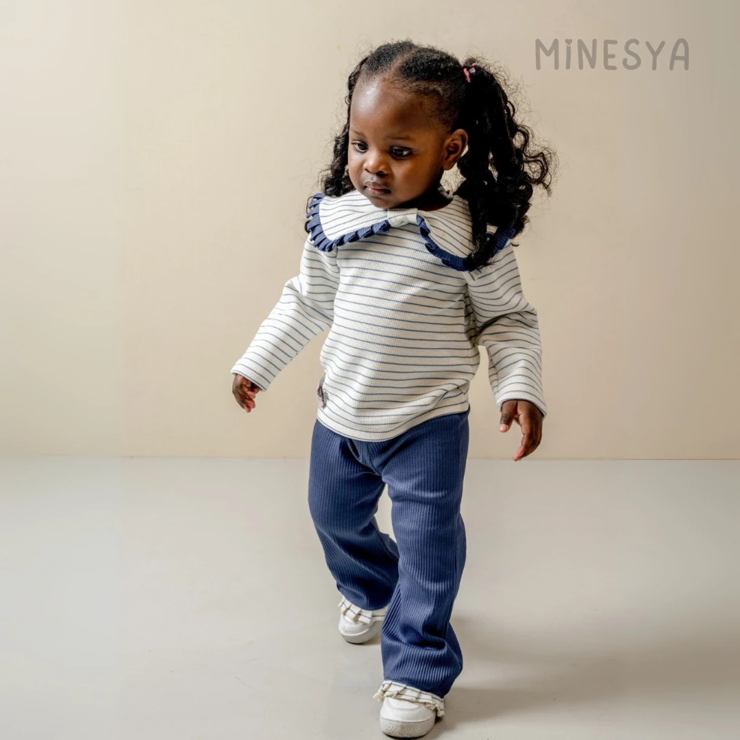 Oeko-Tex Sertifikalı Fırfır Yaka Kedi Detaylı Kız Bebek 2’li Takım - Lacivert