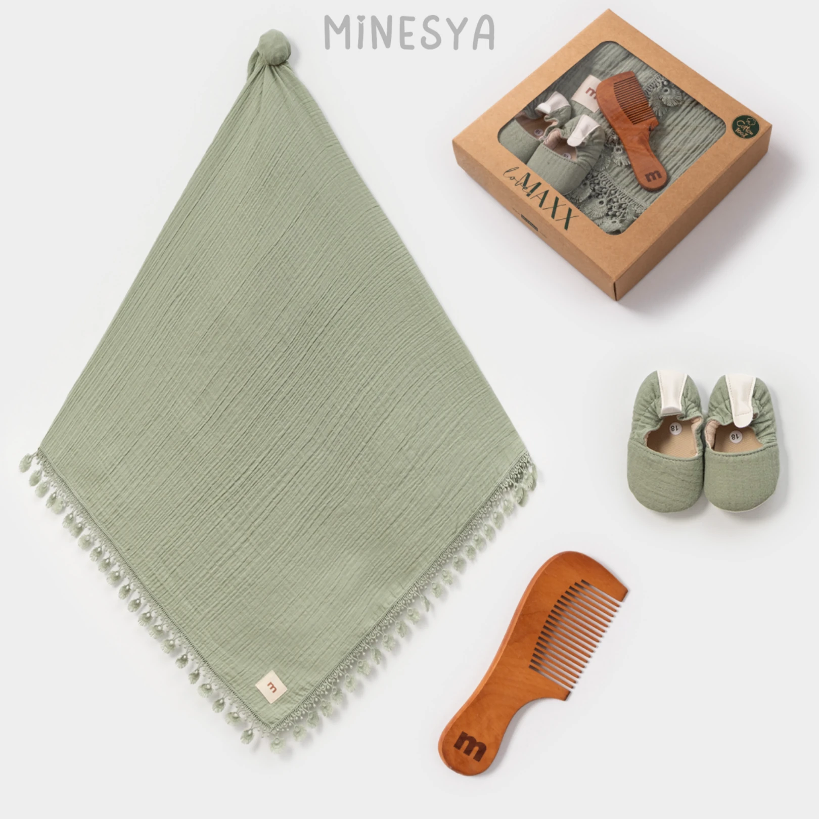 %100 Pamuklu Bebek Hediye Seti – Müslin Battaniye, Patik ve Tarak - Yeşil