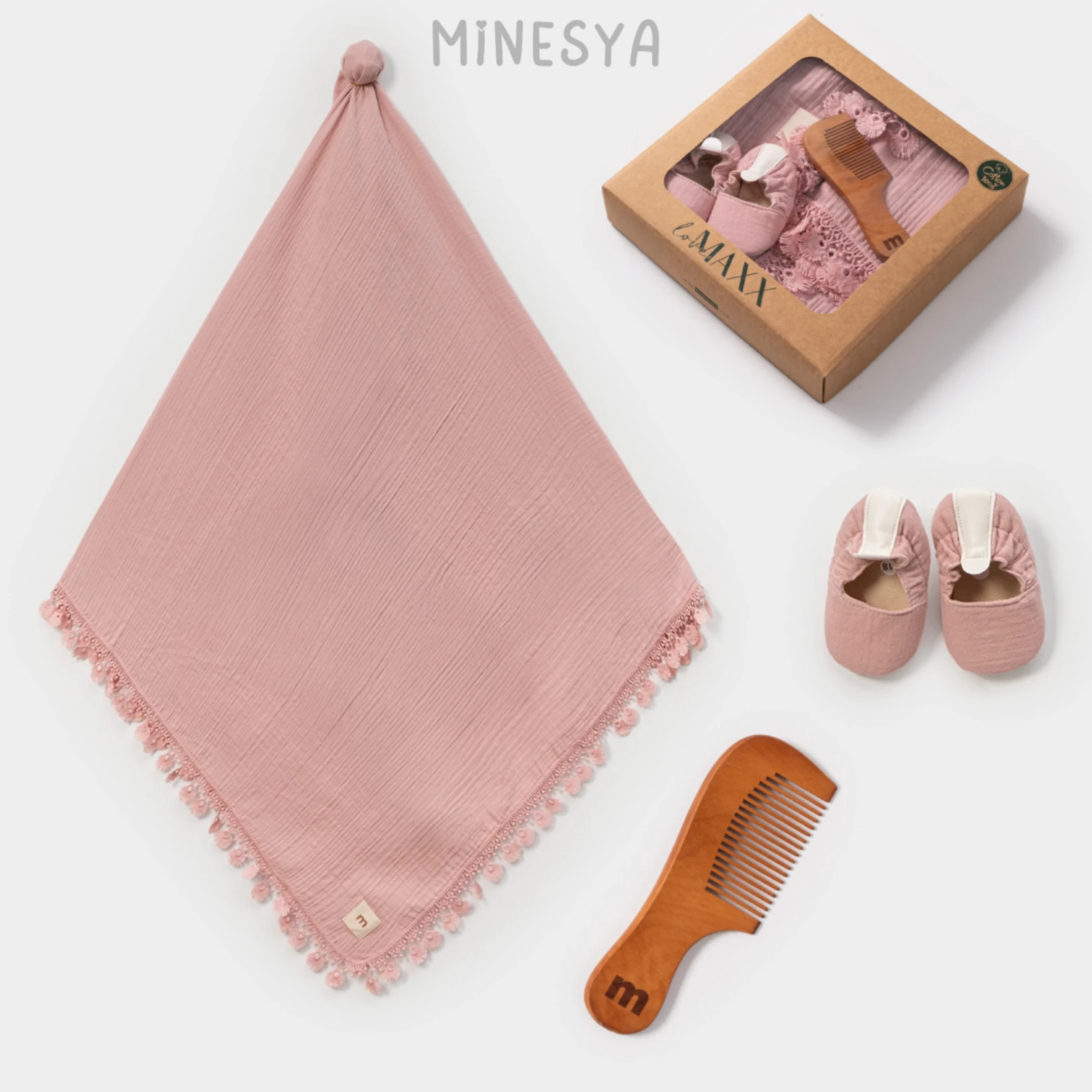 %100 Pamuklu Bebek Hediye Seti – Müslin Battaniye, Patik ve Tarak - Gül Kurusu