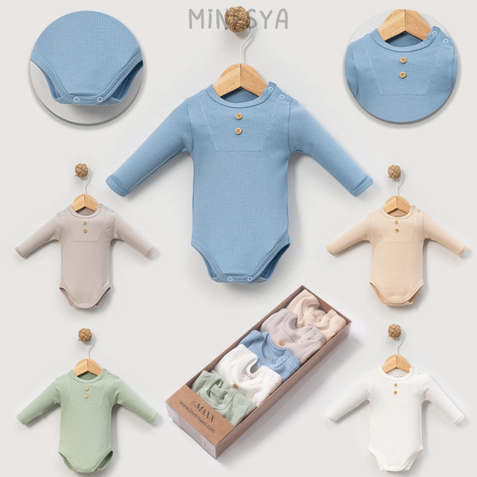 %100 Pamuklu Kaşkorse Kumaş Uzun Kollu Erkek Bebek 5'li Body (Kutulu) - Mavi