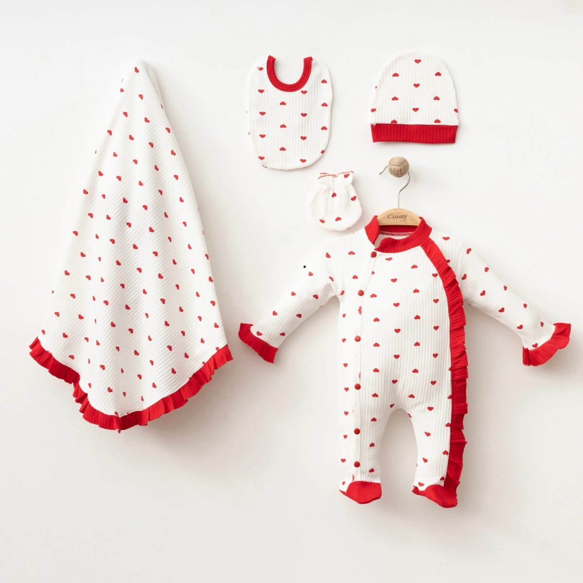 Organik Pamuk (GOTS) Sertifikalı Kalpli 5’li Kız Bebek Hastane Çıkış Seti