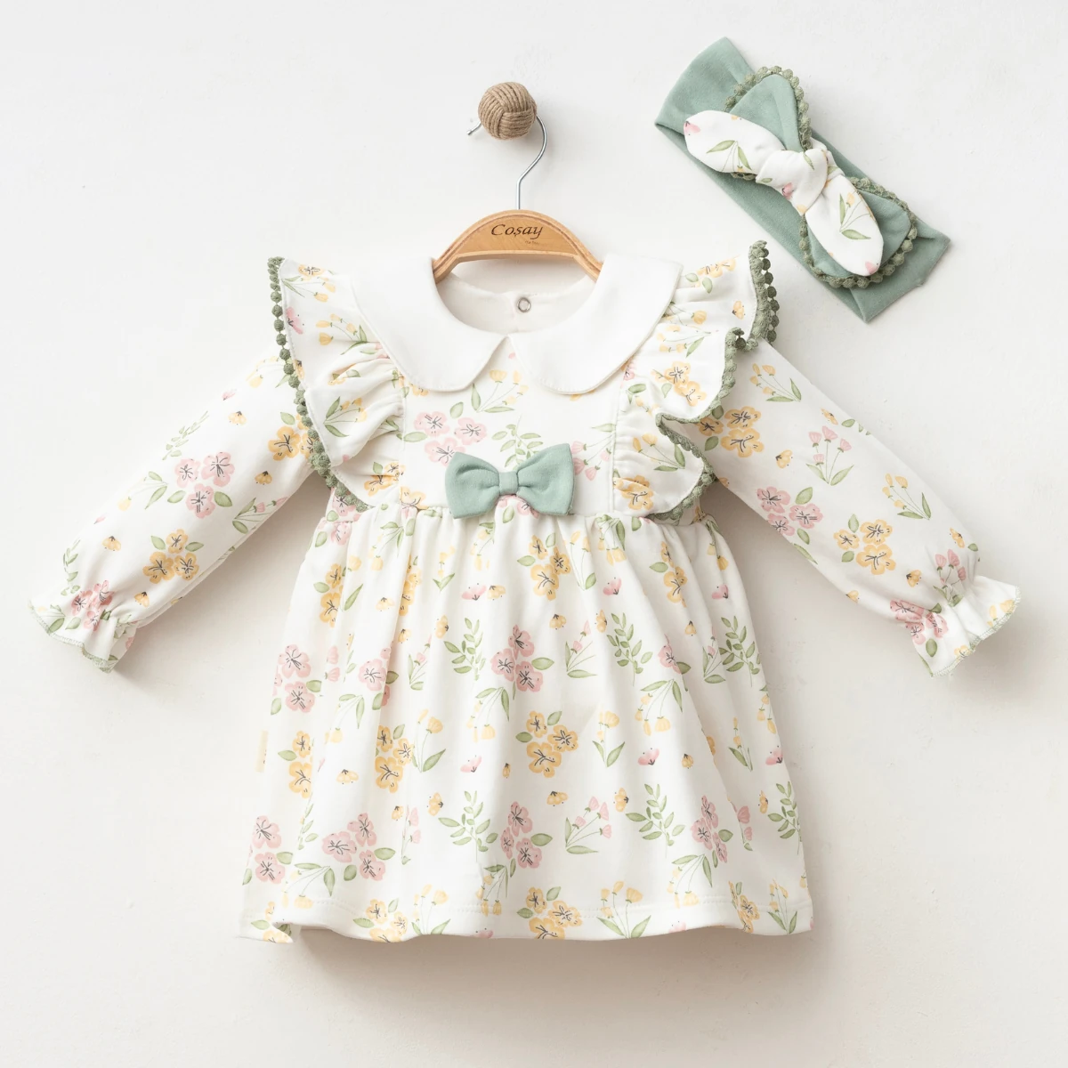Organik Pamuk (GOTS) Sertifikalı Çiçek Desenli Kız Bebek Elbise (Bandana Hediyeli) - Mint