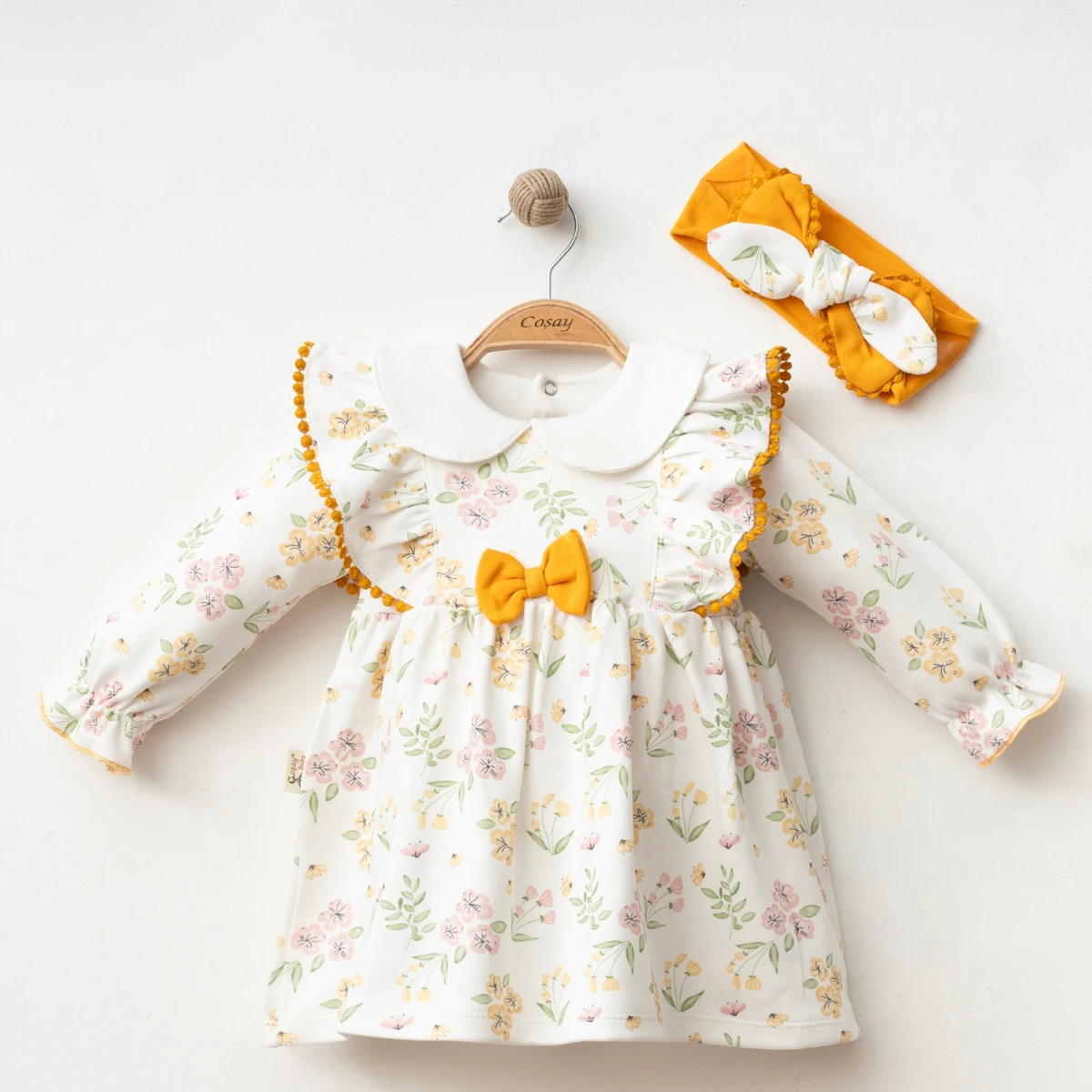 Organik Pamuk (GOTS) Sertifikalı Çiçek Desenli Kız Bebek Elbise (Bandana Hediyeli) - Hardal