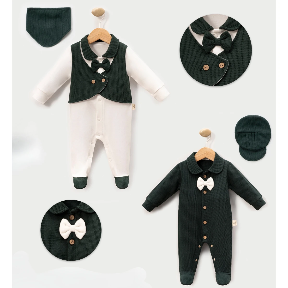 Gofre Kumaş Papyonlu Patikli İkili Tulum (Oeko-Tex Sertifikalı) - Koyu Yeşil