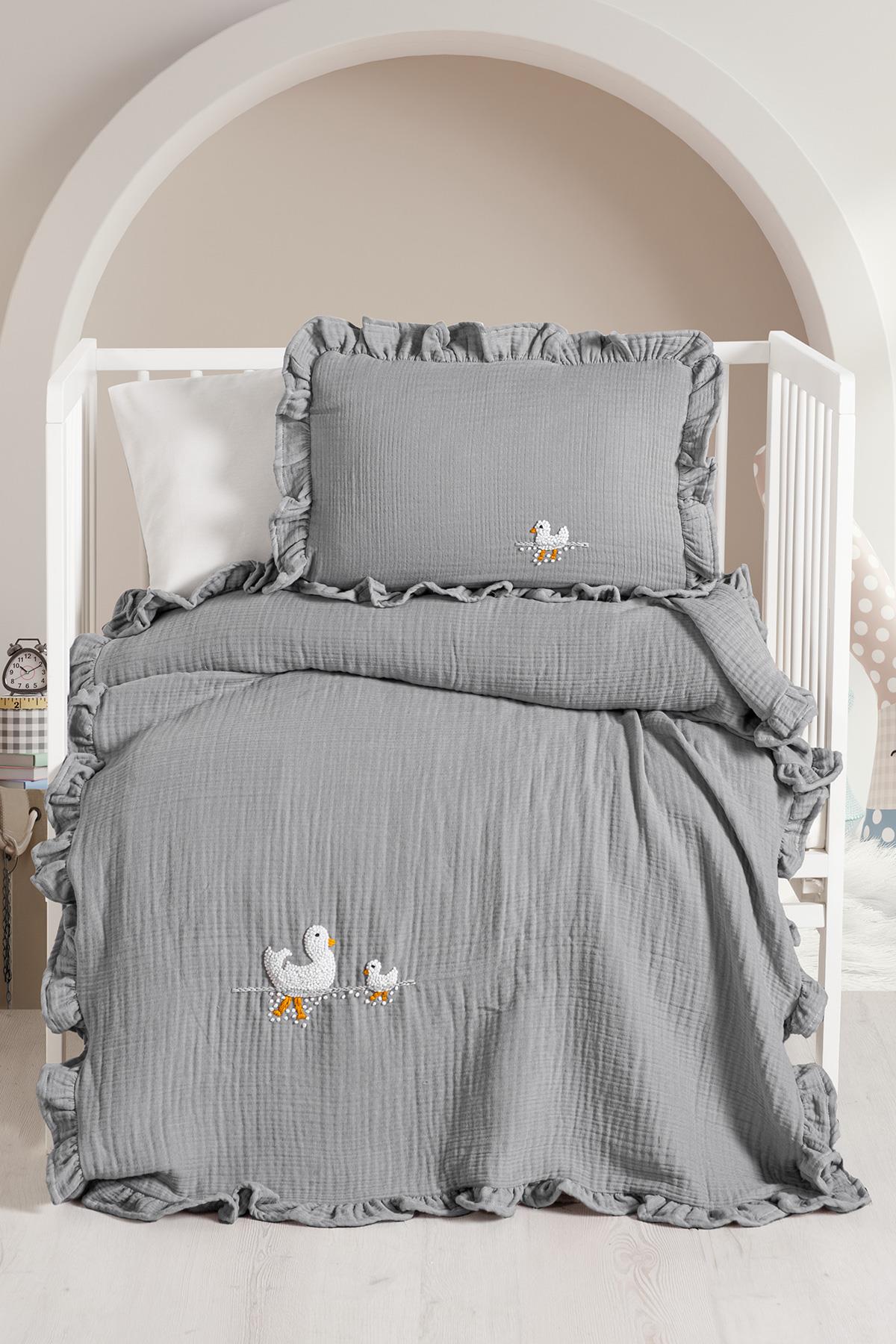 Handmade Bebek 4 Kat %100 Pamuk Fırfırlı Müslin Örtü Seti – Oeko-Tex Sertifikalı - Gri