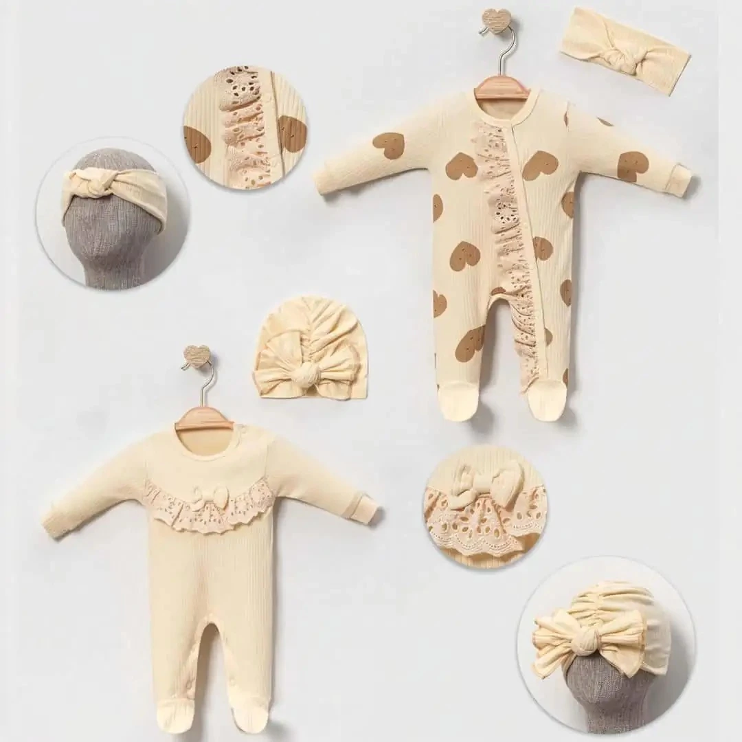 Oeko-Tex Sertifikalı Yumuşak Kaşkorse Kız Bebek 4'lü Tulum Seti