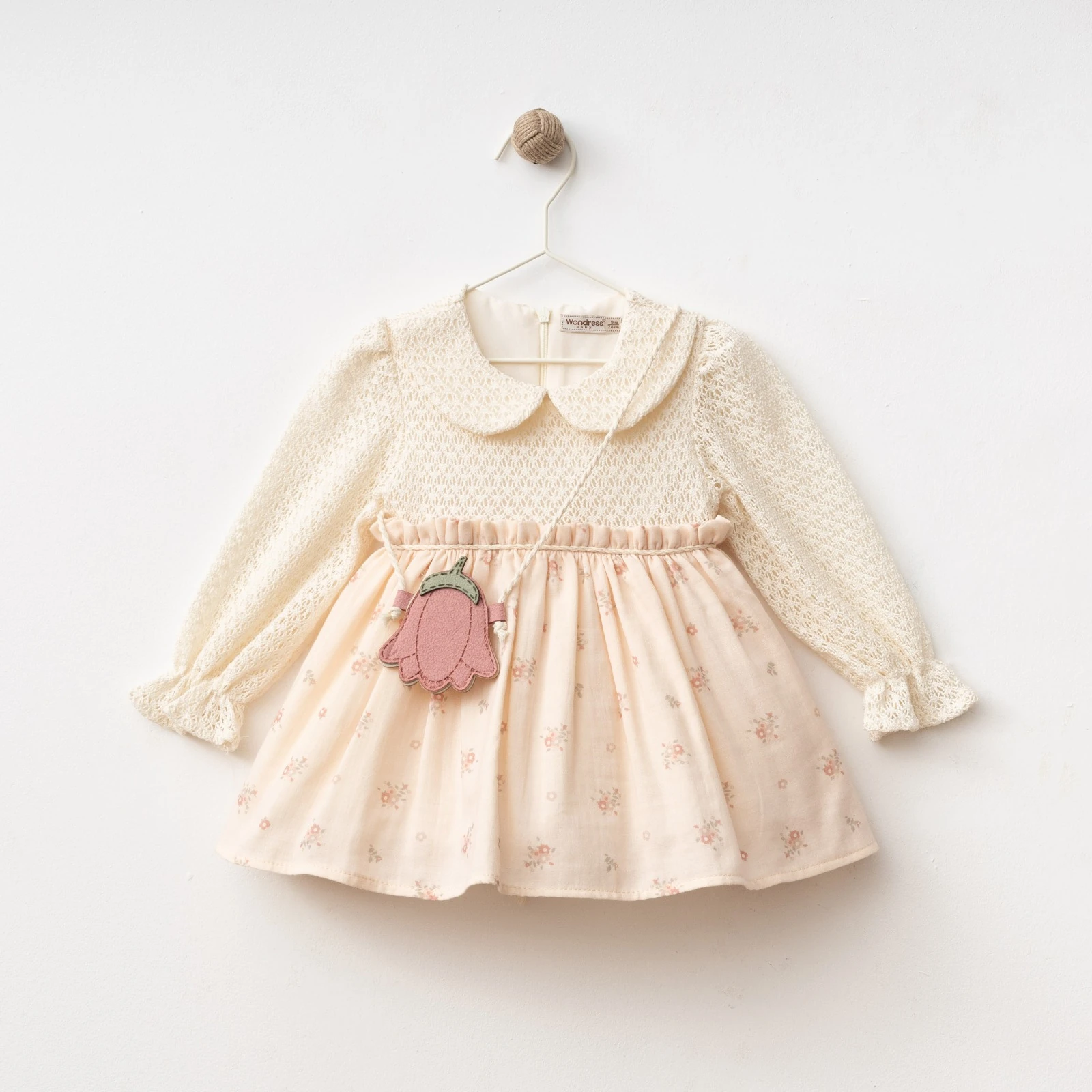 Vintage Dantel Yakalı Müslin Etekli Aksesuar Çantalı Yazlık Kız Bebek Elbisesi