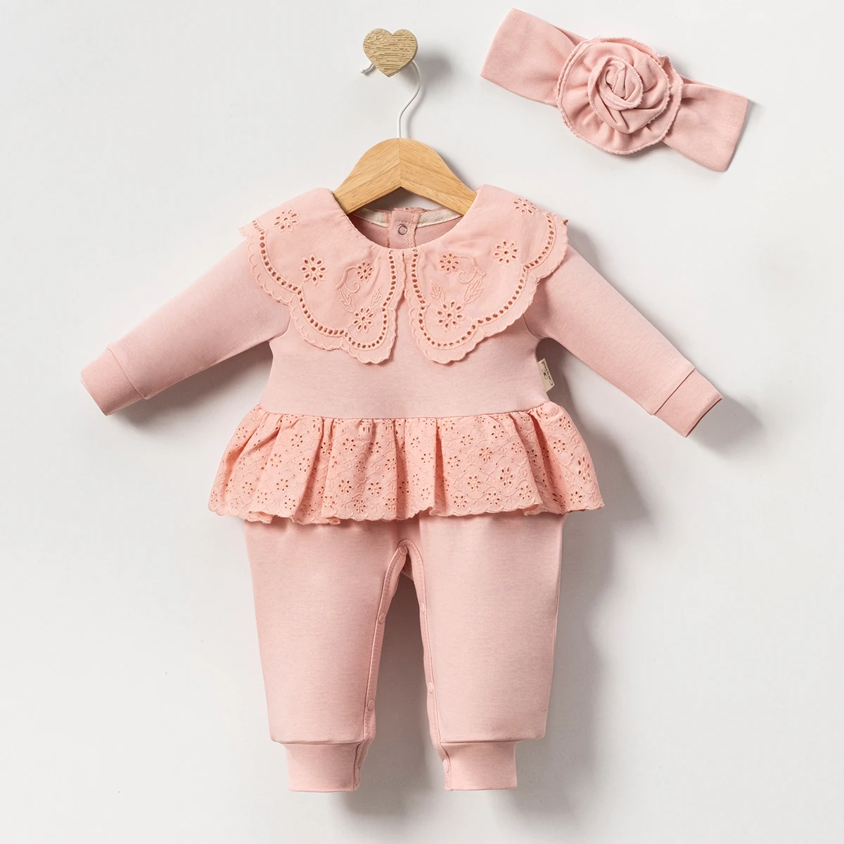Oeko-Tex Sertifikalı Kız Bebek Dantelli Yakalı ve Bandanalı 2’li Şık Tulum Takım - Gül Kurusu