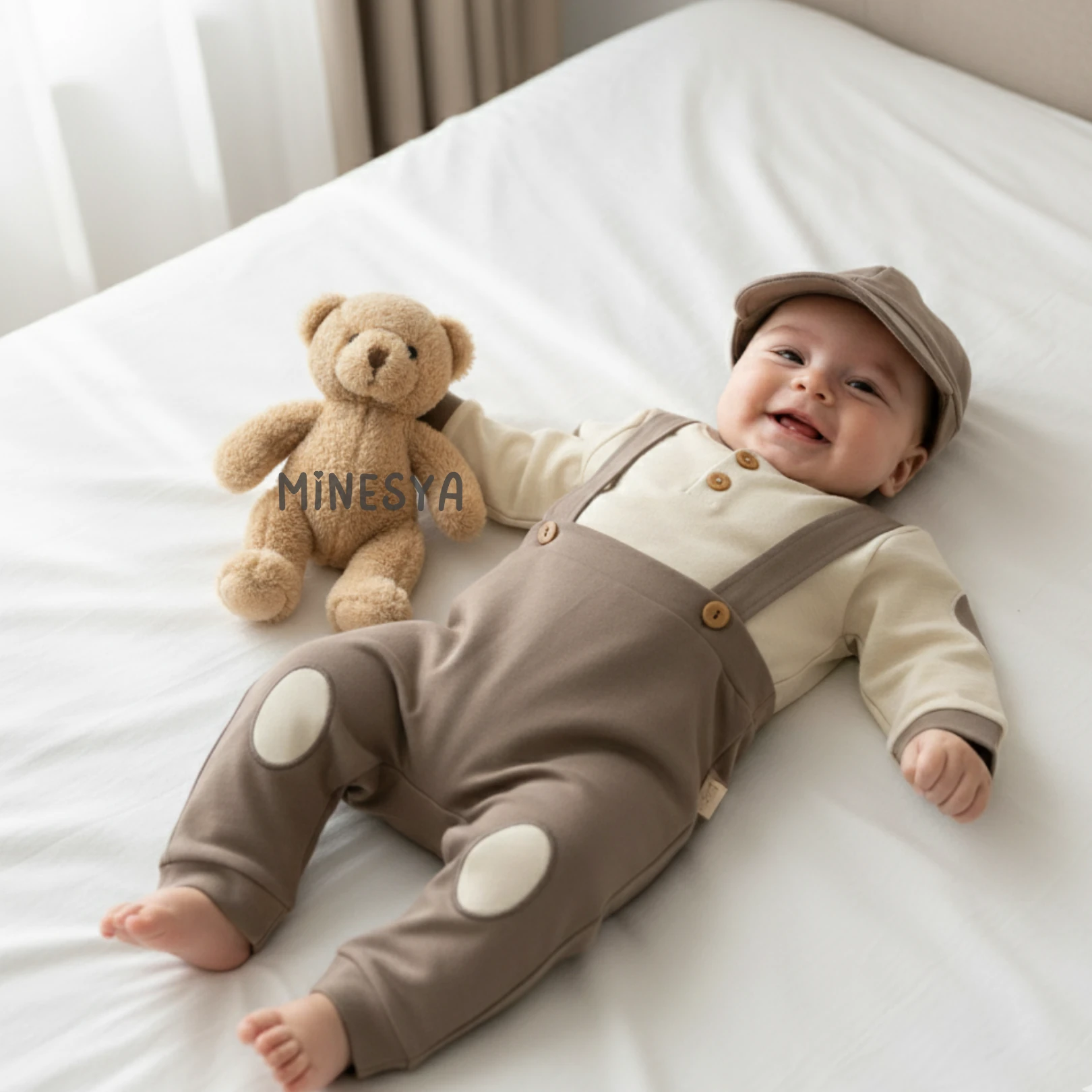 Modern Erkek Bebek 3’lü Salopetli Şapkalı Takım