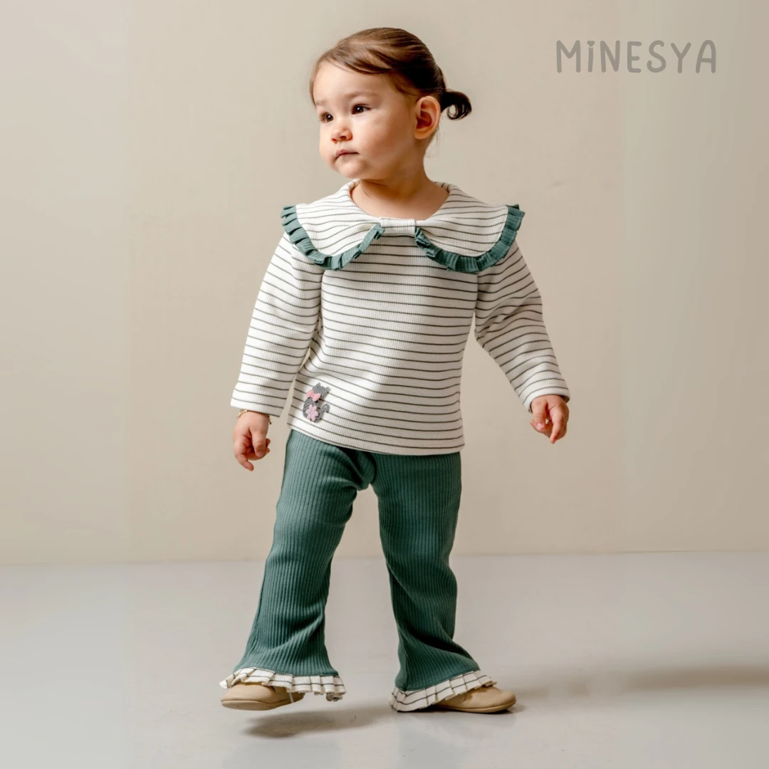 Oeko-Tex Sertifikalı Fırfır Yaka Kedi Detaylı Kız Bebek 2’li Takım - Yeşil