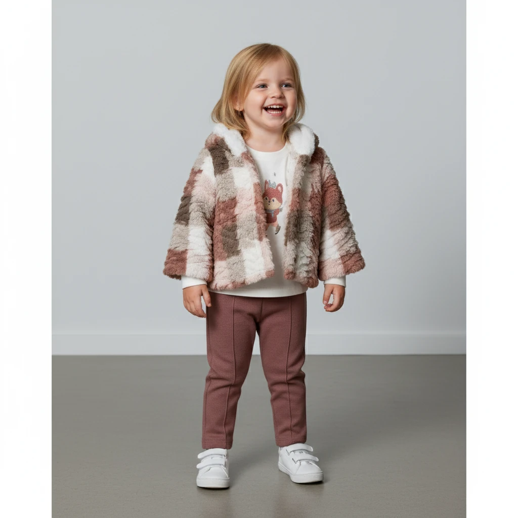 Yumuşak Tüylü Montlu 3 İplik Lastikli pantolonlu 3 Parça Kız Bebek Takımı - Mürdüm