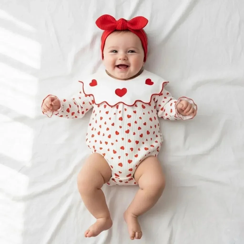Gots Sertifikalı Kırmızı Kalpli Sevimli Kız Bebek Romper Tulum