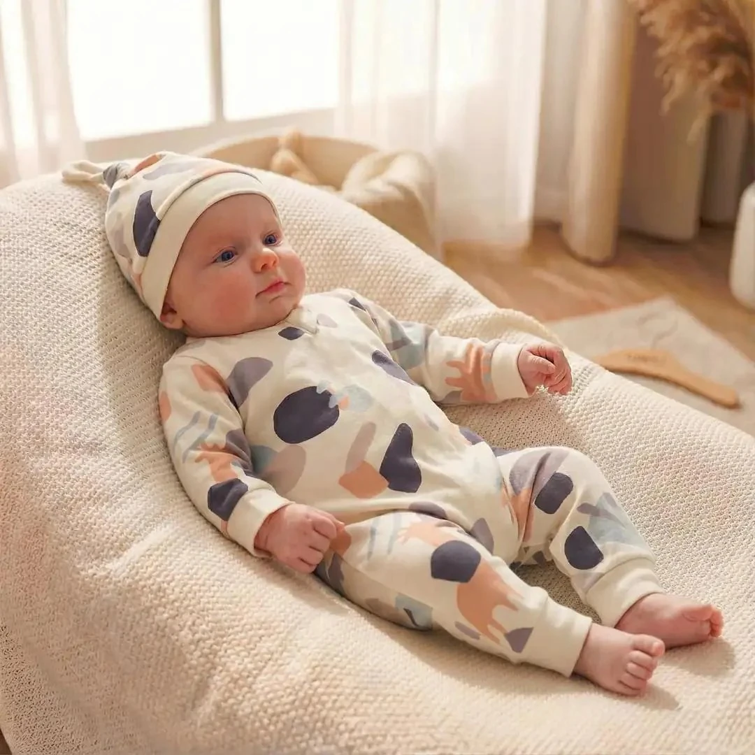 Pamuklu Soyut Desenli Fermuarlı Erkek Bebek Tulum ve Şapka Seti