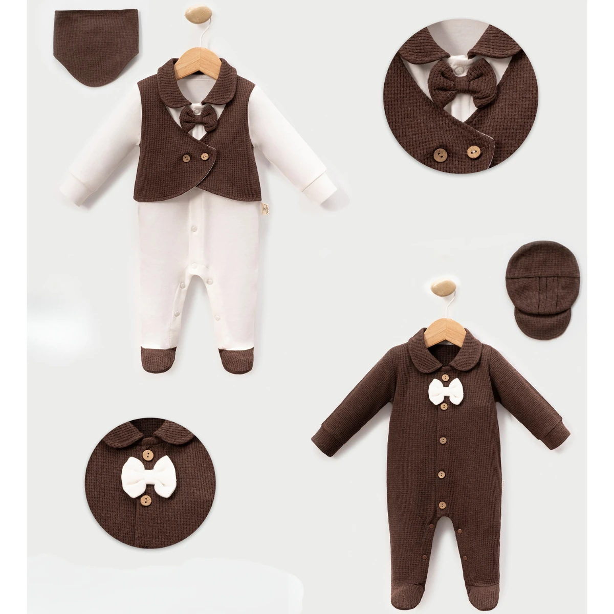 Gofre Kumaş Papyonlu Patikli İkili Tulum (Oeko-Tex Sertifikalı) - Koyu Kahve