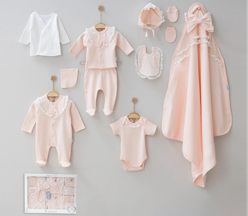 Oeko-Tex Sertifikalı Dantelli Fiyonklu Sevimli Kız Bebek 10'lu Hastane Çıkışı Seti - Somon