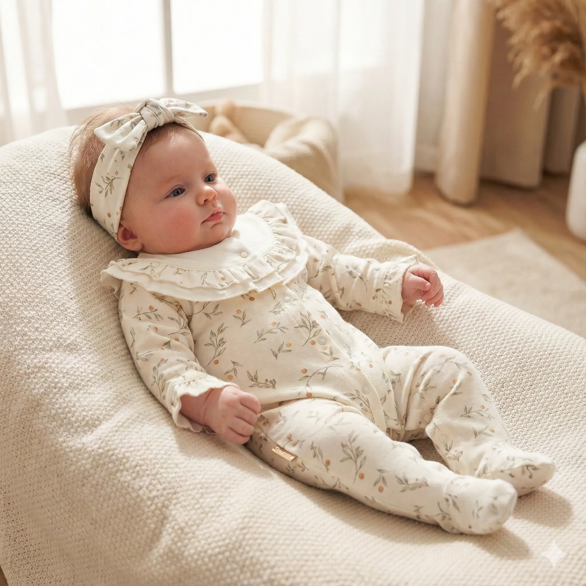 Pamuklu Fırfırlı Yaka Dal Desenli Kız Bebek Tulum ve Bandana Seti