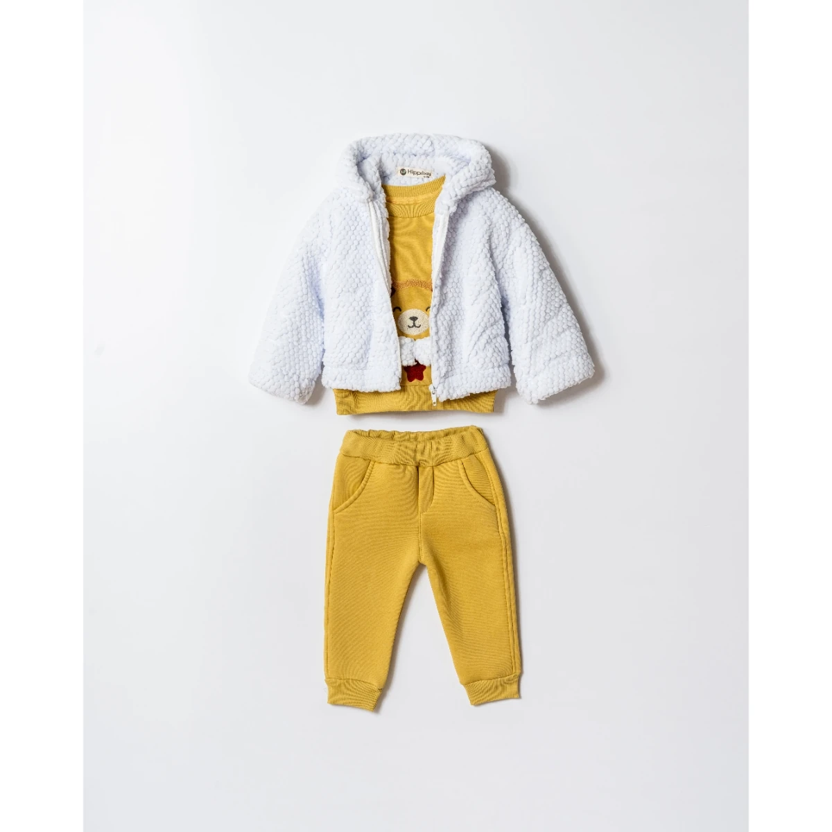 Erkek Bebek 3’lü Yumuşak Kumaş 3 İplik Pelüş Montlu Takım - Hardal