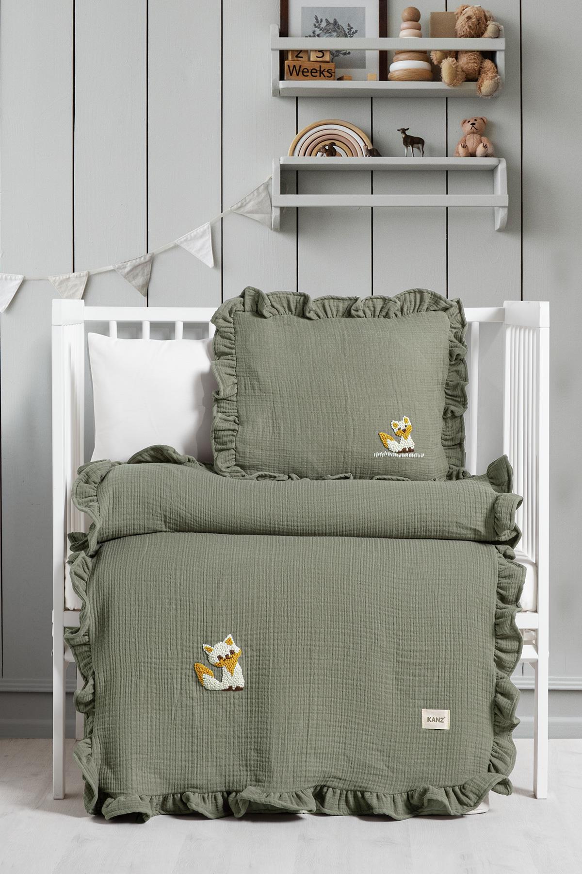 Handmade Bebek 4 Kat %100 Pamuk Fırfırlı Müslin Örtü Seti – Oeko-Tex Sertifikalı - Yeşil