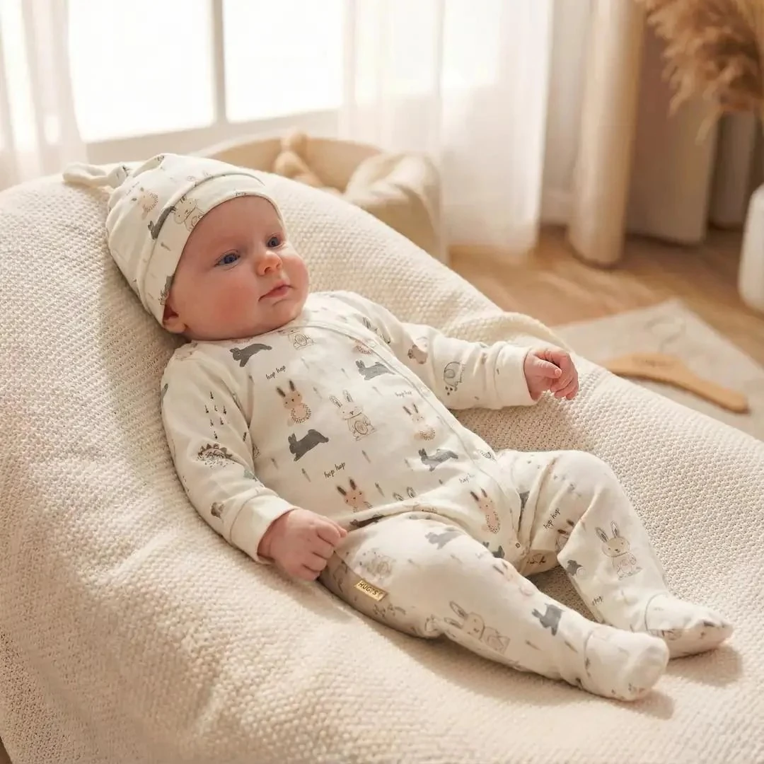 Tavşan Desenli Çapraz Çıtçıtlı Patikli Erkek Bebek Tulum ve Şapka Seti