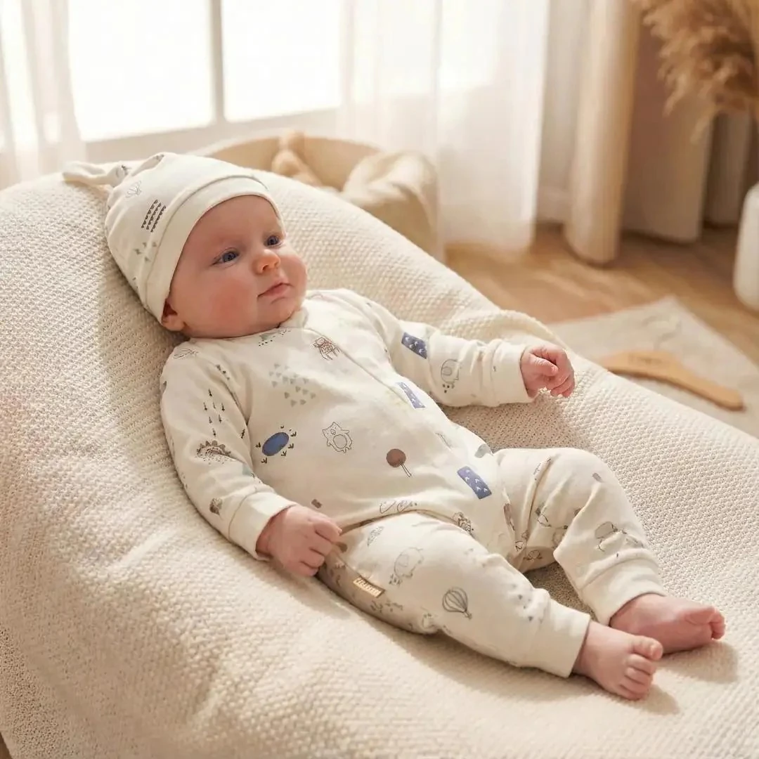 Pamuklu Minimal Desenli Erkek Bebek Tulum ve Şapka Seti