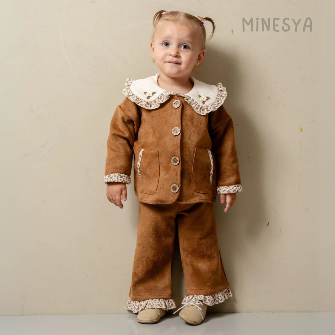 Oeko-Tex Sertifikalı Kız Bebek 3’lü Süet Takım - Kahverengi