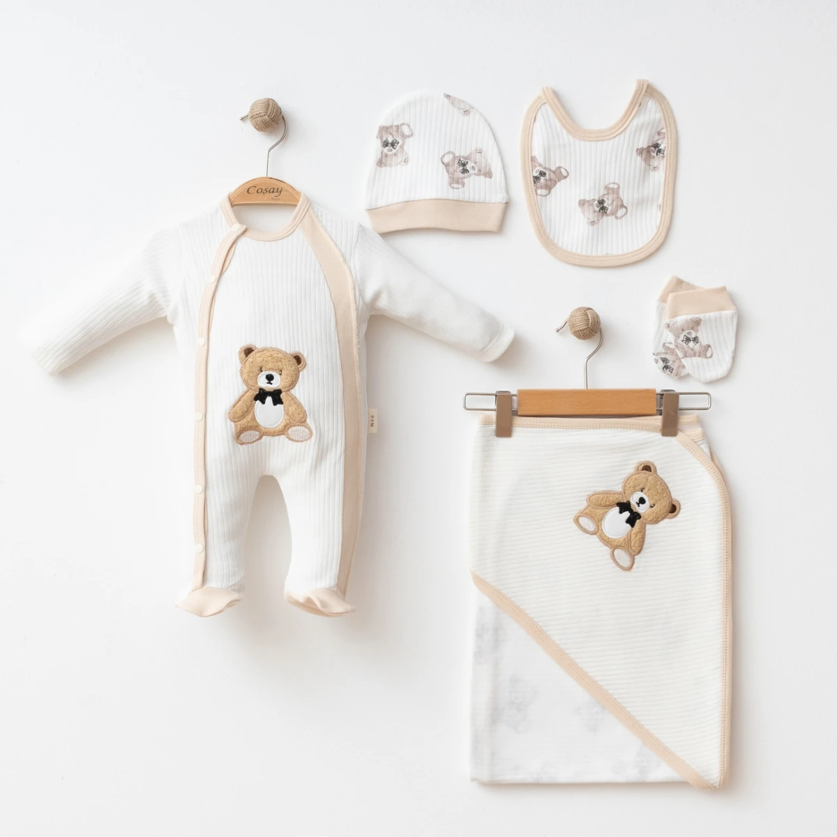 Organik Pamuk (GOTS) Sertifikalı Ayıcıklı Battaniyeli 5’li Bebek Hastane Çıkış Seti