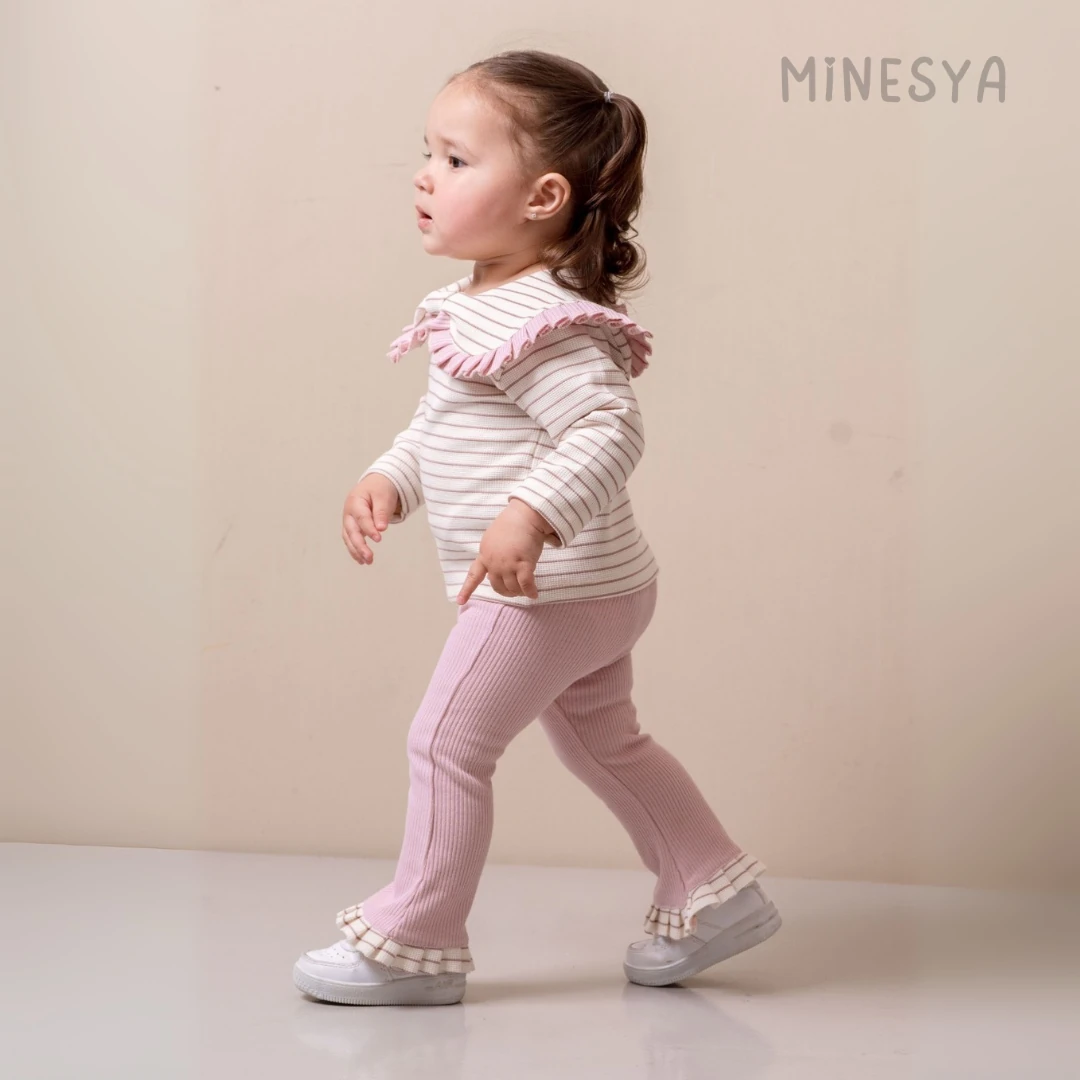 Oeko-Tex Sertifikalı Fırfır Yaka Kedi Detaylı Kız Bebek 2’li Takım - Pembe