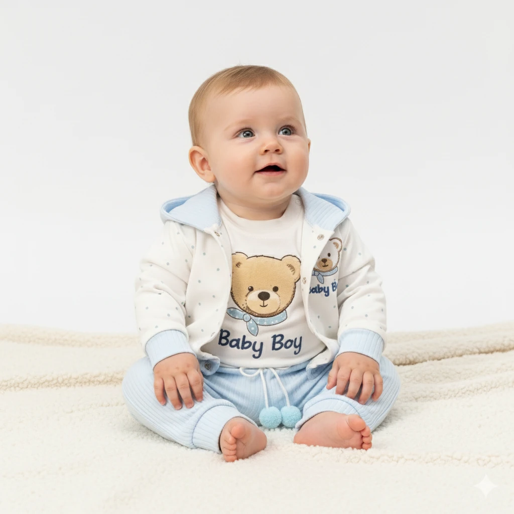 Oeko-Tex Sertifikalı Baskılı Sevimli Kapüşonlu Erkek Bebek 3’lü Takım - Buz Mavisi
