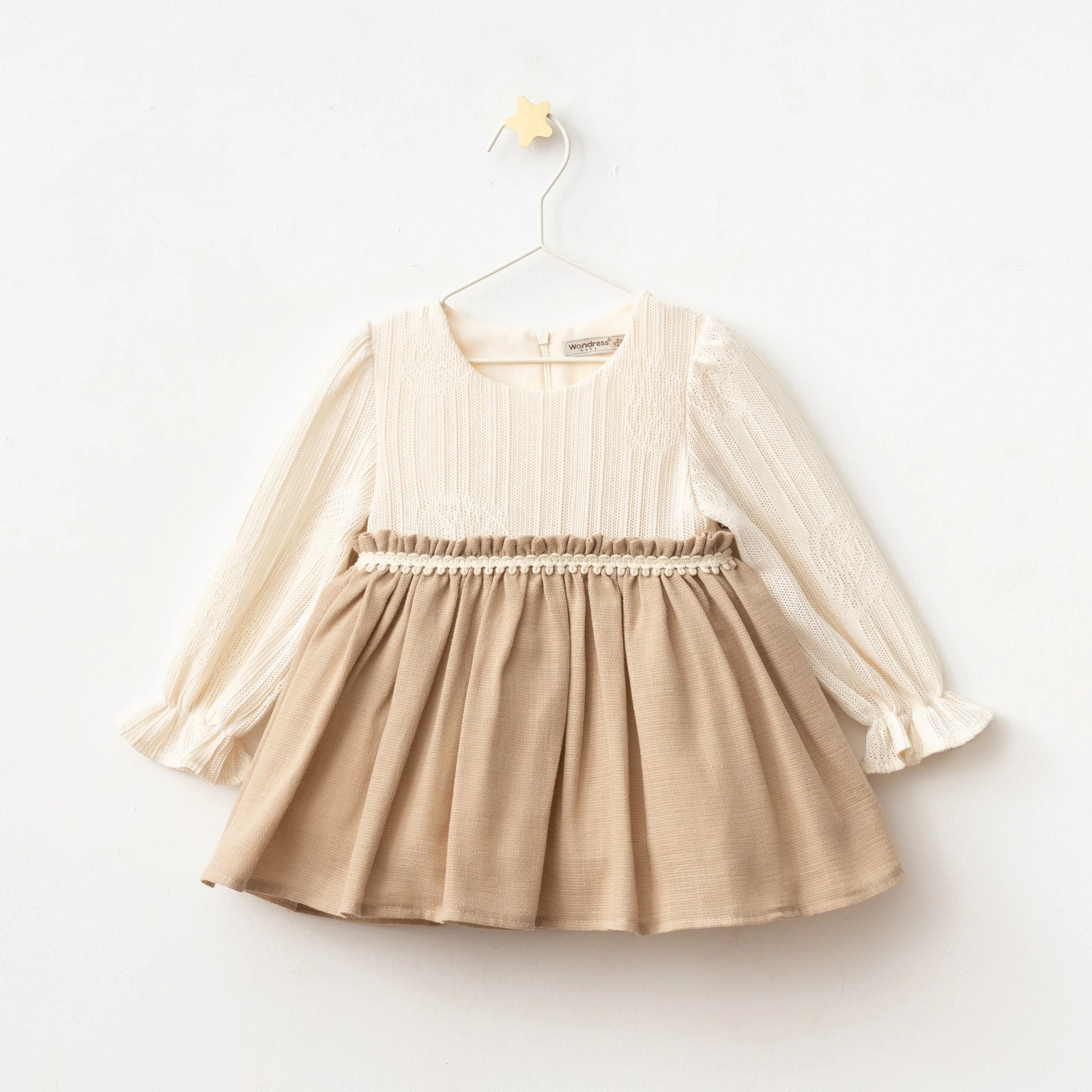 Kız Bebek Dantel Dokulu Uzun Kollu Yazlık Elbise - Kahverengi