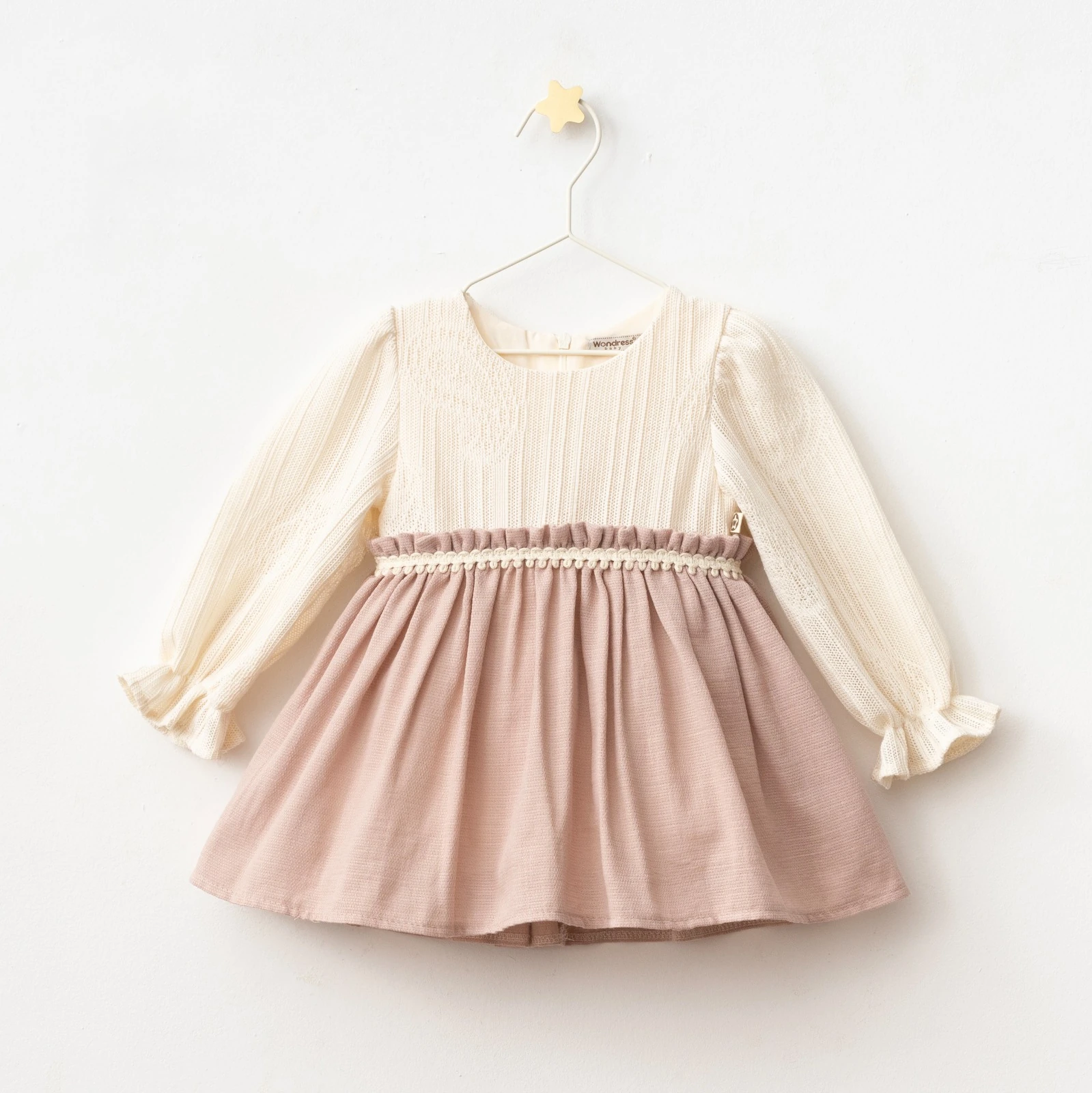 Kız Bebek Dantel Dokulu Uzun Kollu Yazlık Elbise - Pembe